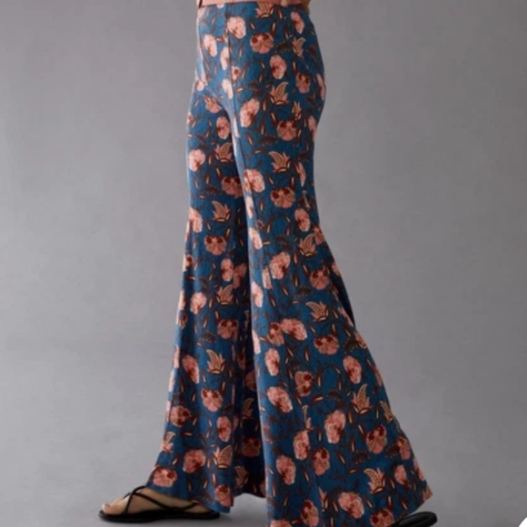 Anthropologie Blue Floral Wide-Leg Flare Pants - Picture 1 of 9